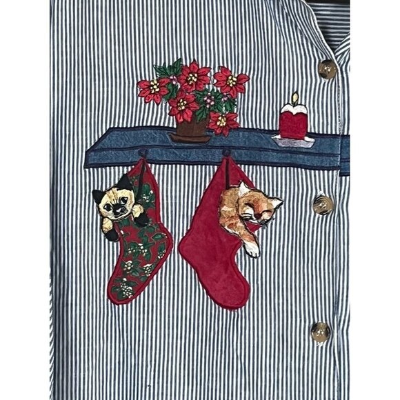 Christmas Striped Shirt L Cat Embroidery Festive Holiday Preppy Classic Retro - Picture 4 of 14